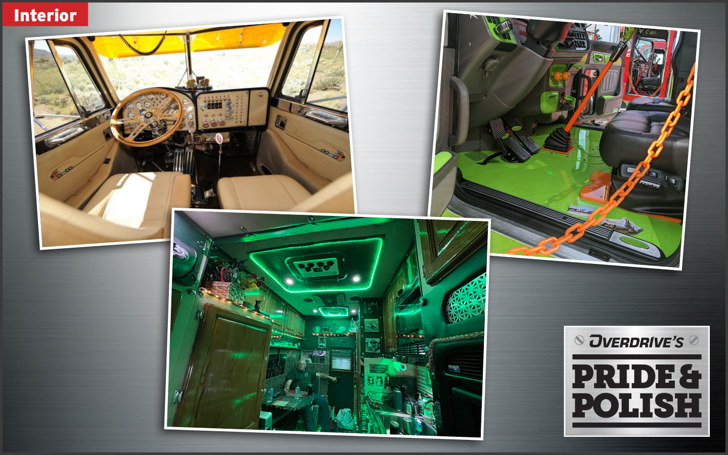 The finalists in the Interior class are: Ron Kelsey's 1981 Peterbilt 359, 'Sunshine Express' (top left); Robert Hallahan's 2022 Peterbilt 389, 'Joke's on You' (top right); and Daniel and Phyllis Snow's 1996 Freightliner Classic XL, 'The Goose.'