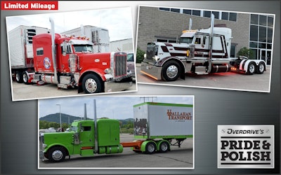 In the Limited Mileage category, for builders' custom creations and rigs that generally don't experience the level of wear tear as full-time working trucks, the finalists are: Sammy Redmon's 2007 Peterbilt 379, “Boomer” (top left); Kevin Berry's 2004 Peterbilt 379 (top right); and Robert Hallahan's 2022 Peterbilt 389, “Joke’s on You.”