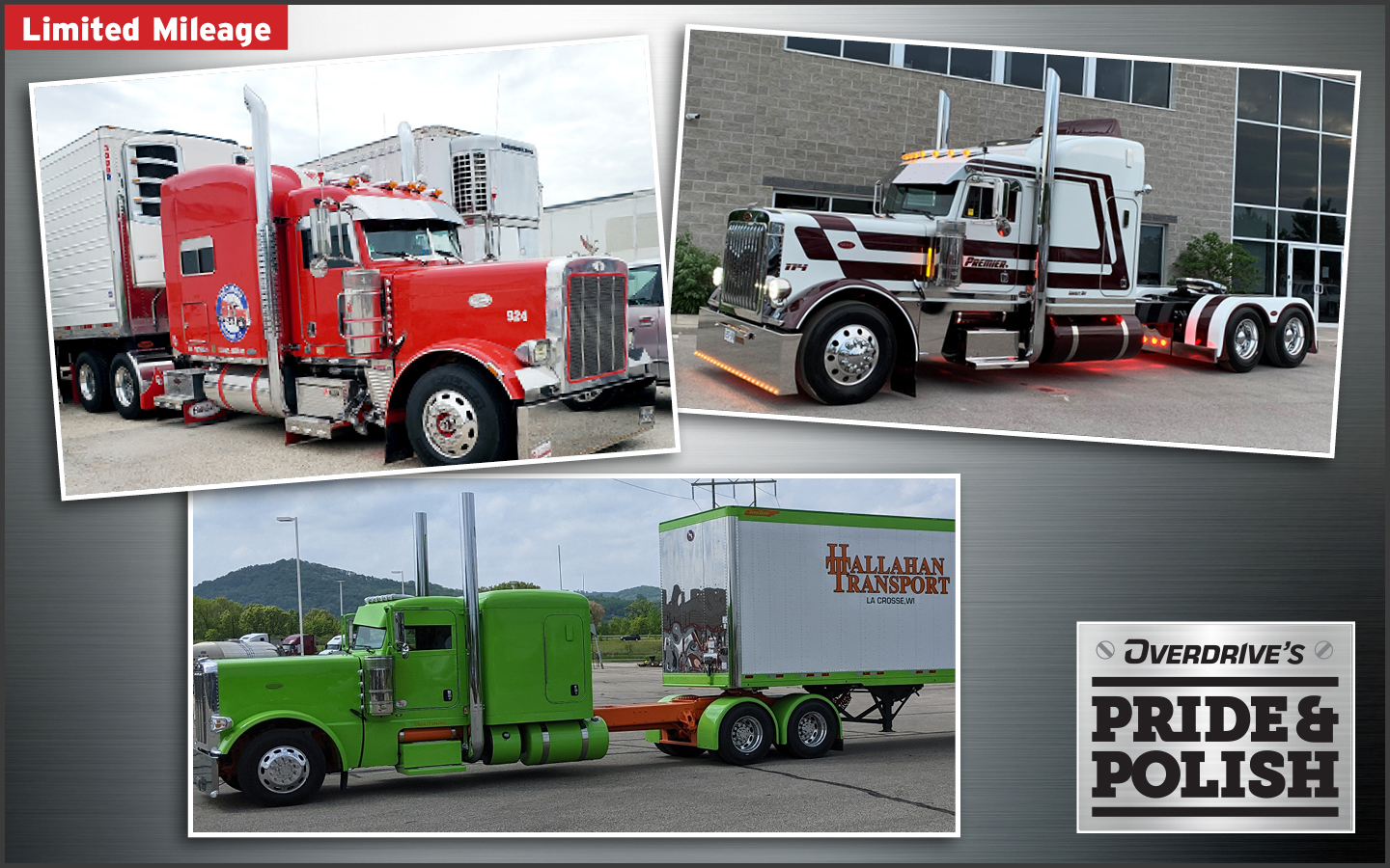 In the Limited Mileage category, for builders' custom creations and rigs that generally don't experience the level of wear tear as full-time working trucks, the finalists are: Sammy Redmon's 2007 Peterbilt 379, “Boomer” (top left); Kevin Berry's 2004 Peterbilt 379 (top right); and Robert Hallahan's 2022 Peterbilt 389, “Joke’s on You.”
