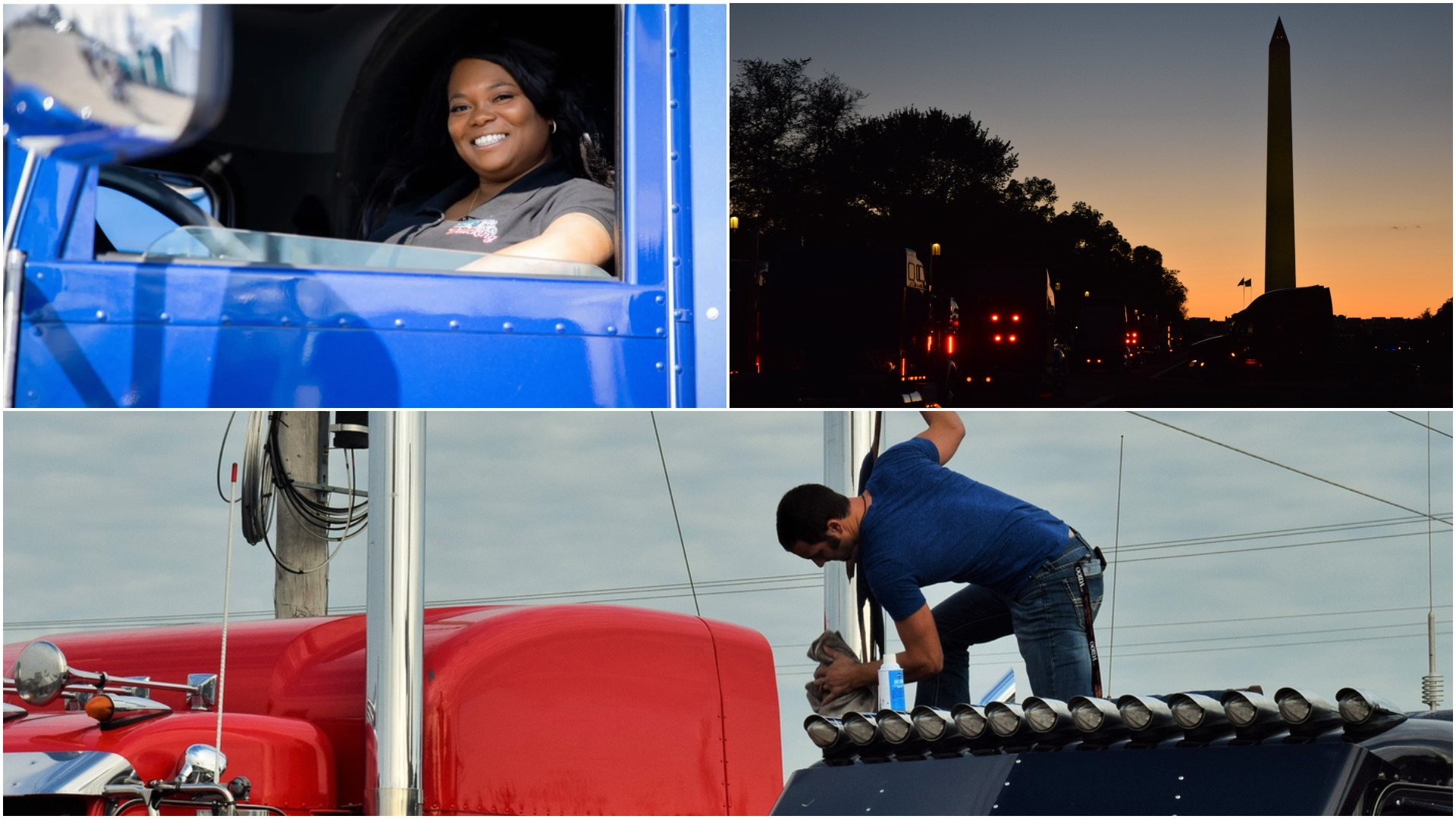 compilation of sharae moore, washington monument, and man washing truck stack