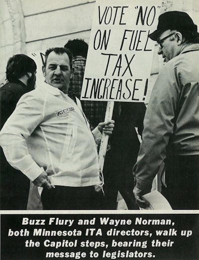 Independent Truckers Association state chapter heads Buzz Flury (left) and Wayne Norman protest high taxes on the steps of Minnesota’s Capitol. The photo ran in Overdrive’s July 1979 issue, which reported on trucker strikes in June.