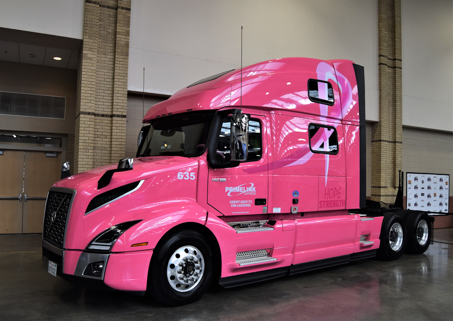 California-based Primelink Express' CFO Sunny Vraitch spoke to the lineage of this breast-cancer-awareness Volvo on display just inside the entrance to the SHE Trucking Expo show floor. The company decked the Volvo out this way as a way of giving back to one of its professional drivers, whose mother had been diagnosed with breast cancer and was undergoing chemo. The company worked with the Susan G. Komen foundation to structure a long-term giving arrangement from the truck's future revenues ... 'something we did so that our driver knew that we stood with her,' Vraitch said. 'Women in trucking and diversity are really big things for us.' For any fleet owner, he stressed, 'Your drivers are your most important asset. If you take care of your driver, they will take care of your customer, ... your equipment,' you name it.