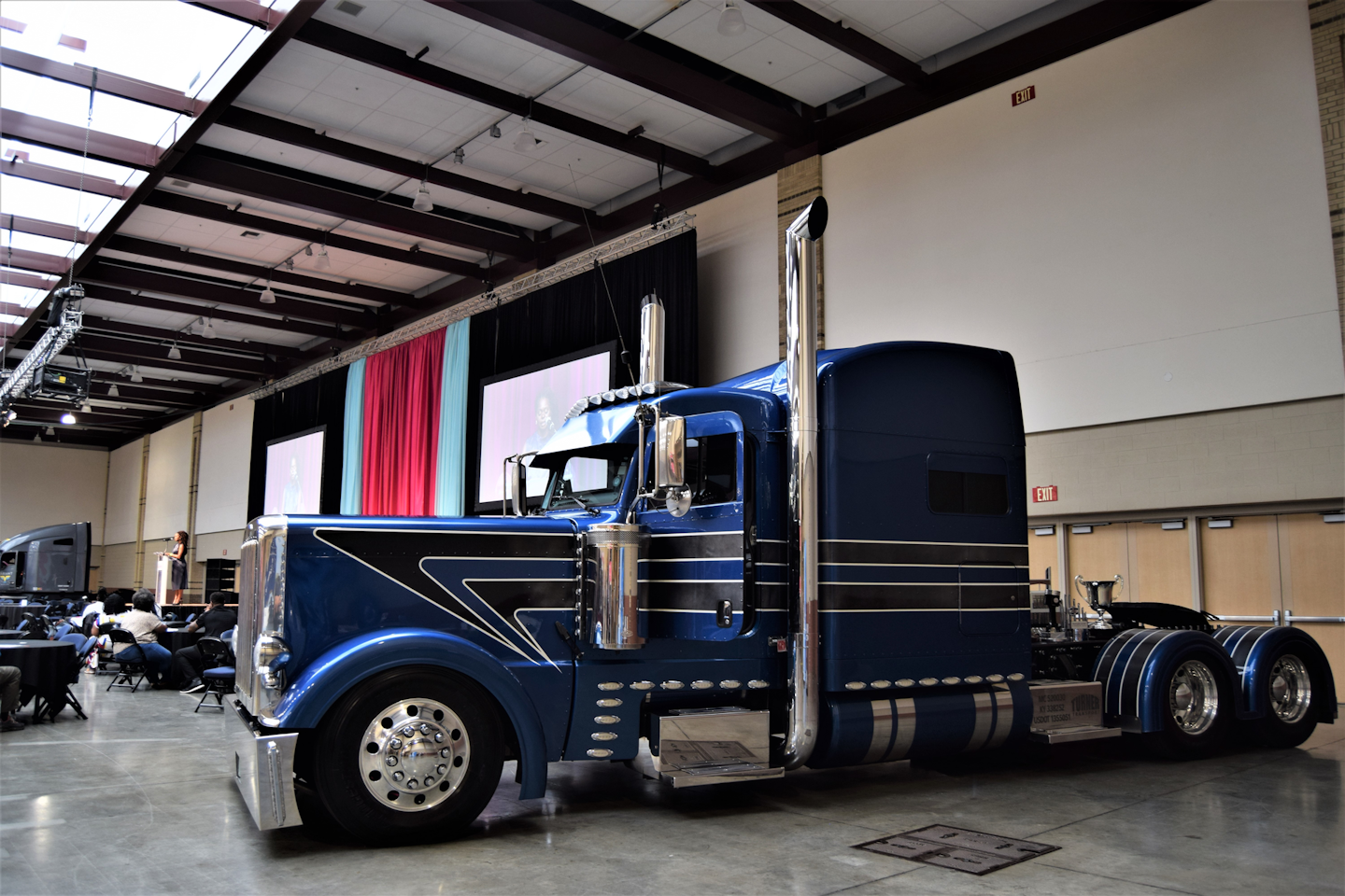 Also on hand on the show floor was the familiar striping pattern on this 2015 Peterbilt 389, Showtime, a past Pride & Polish-winning rig of Eric Turner's Turner Transport car-hauling small fleet out of Ellenwood, Georgia.