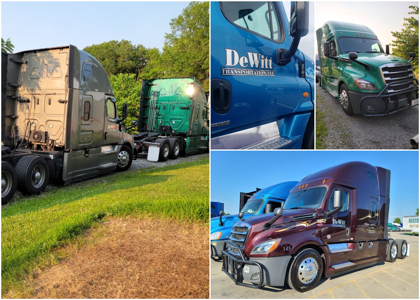 By this time next year, DeWitt Transportation owner Tim DeWitt hopes to hit the 45-truck mark with his power-only fleet, dedicated to a larger fleet's brokerage. Pictured are some of the units powering the business, all 2017-2022 Freightliner Cascadias.
