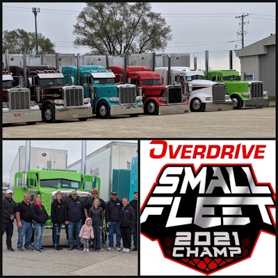 six dry van semi-trucks parked in a row, Robert Hallahan and his team, and overdrive small fleet 2021 champ logo