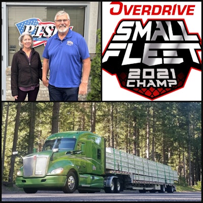 Ruth and Nick Hewitt, Overdrive small fleet 2021 champ logo, and PTSI tractor with loaded step deck trailer