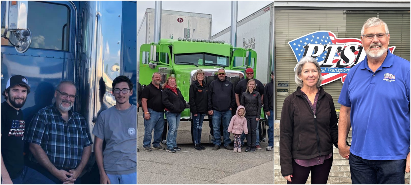 From left: Jason Cowan and sons of Silver Creek Transportation, the team at Robert Hallahan's Hallahan Transport, and Ruth and Nick Hewitt of Professional Transportation Services, Inc.