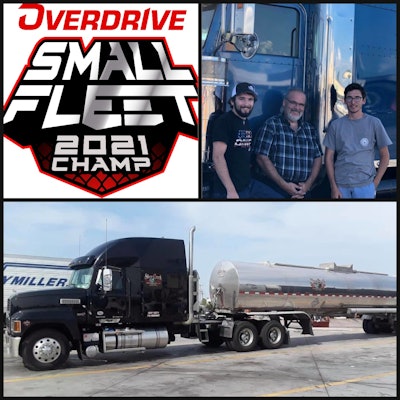 Overdrive small fleet 2021 champ logo, Jason Cowan and sons, and liquid tanker truck