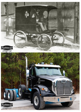 Top: Autocar of 1899, the first motor truck commercially available in the United States. Bottom: Autocar of 2021, the DC-64 severe-duty conventional truck.