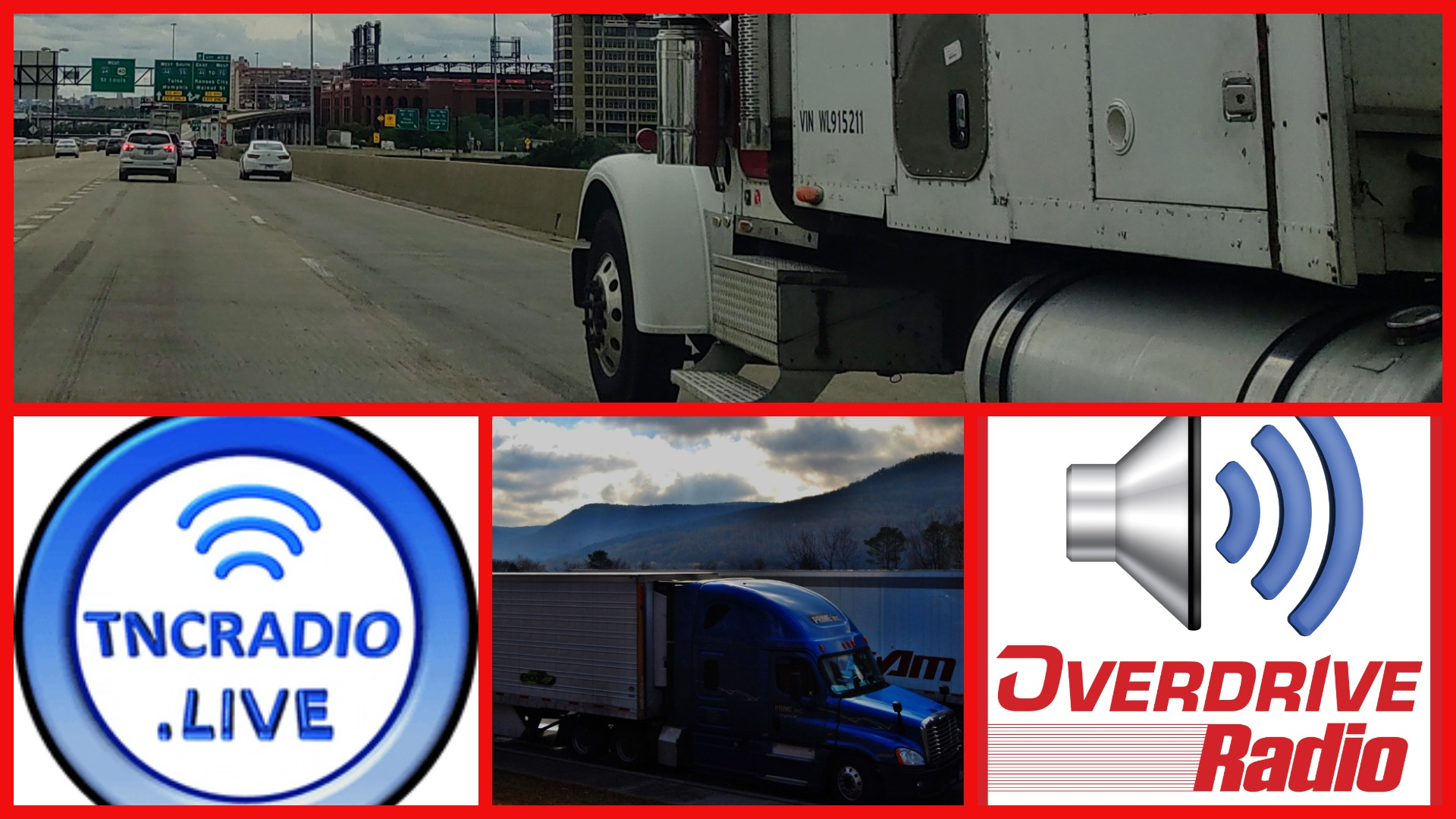 TNCRadio.Live logo, overdrive radio logo, and two semi-trucks