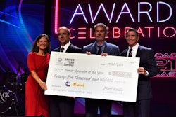 Owner-Operator Bryan Smith, who was recently named the 2020 Owner-Operator of the Year, is pictured here with (from left) Cummins Sales VP Amy Boerger (who announced Smith's win), Tucker Freight Lines' A.J. Tucker, and Randall-Reilly's Chip Magner.