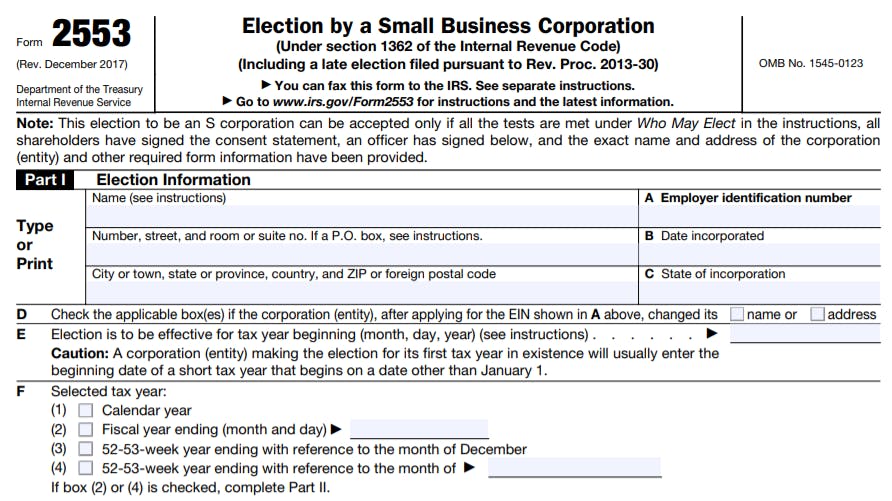 IRS Form 2553 for filing as an S Corp