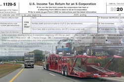 U.S. Tax Return for an S Corporation Form 1120-S with an image of a vehicle carrier and semi-truck