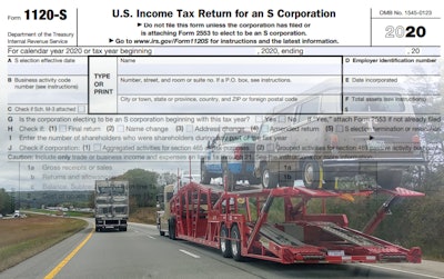 U.S. Tax Return for an S Corporation Form 1120-S with an image of a vehicle carrier and semi-truck