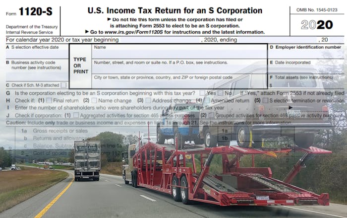 U.S. Tax Return for an S Corporation Form 1120-S with an image of a vehicle carrier and semi-truck