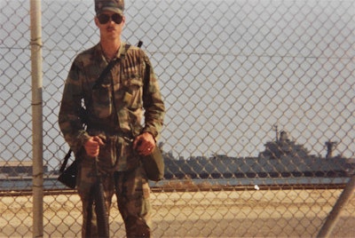 W. Joel Baker in military fatigues at the Port of Dammam in Saudi Arabia in 1990.