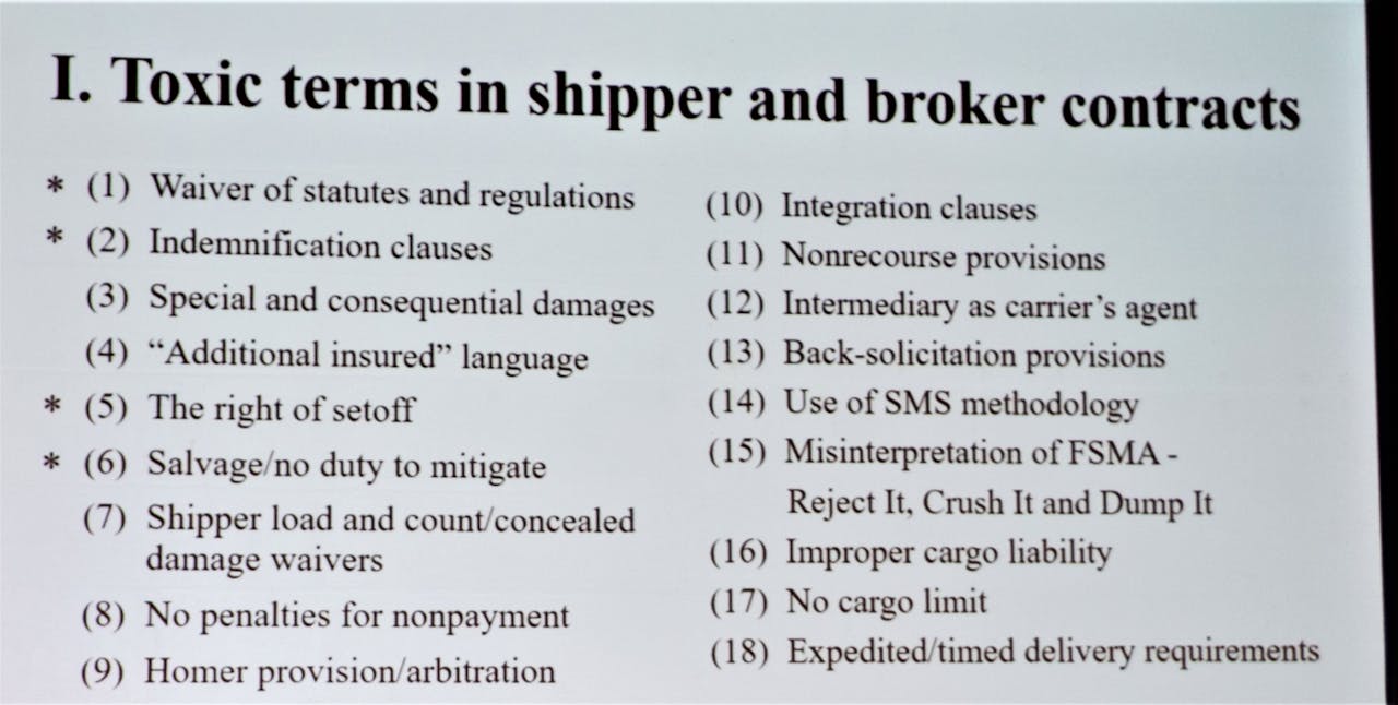 Shown here is what regular readers might well remember Seaton once called his 'Dirty Dozen' broker/shipper contract no-nos for carriers to look out for -- clearly more of a Baker's Dirty Dozen, plus a few more, now.