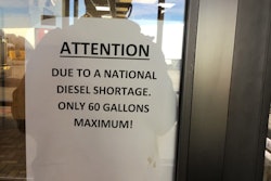 Image shows a sign in the window of Kingman, Arizona, Petro shop warning of a diesel fuel shortage.
