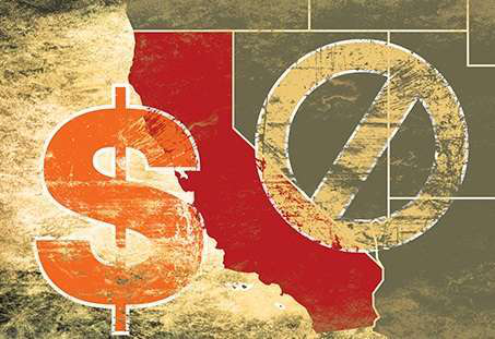 California outline with dollar sign and general prohibition sign