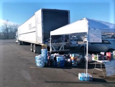 Supplies were pulled behind Koors’ 2005 International. Daniel Koors hauls power-only with his authority currently for a Minnesota-based 3PL after years flatbedding. The trailer was donated for the work by his former employer, MJS Transportation out of Decatur, Indiana.