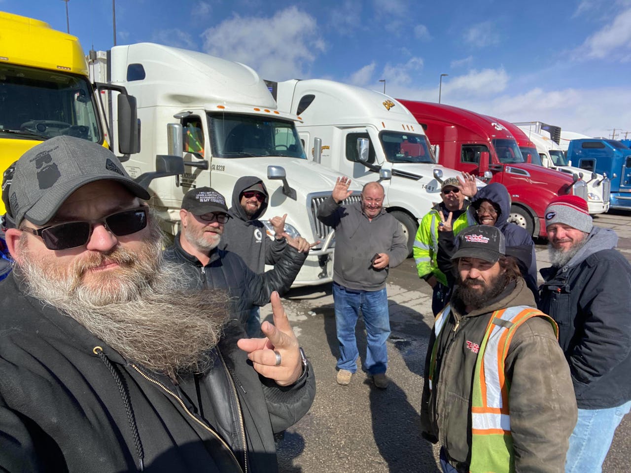 Thomas Remington and friends with their semi-trucks in Wamsutter, Wyoming