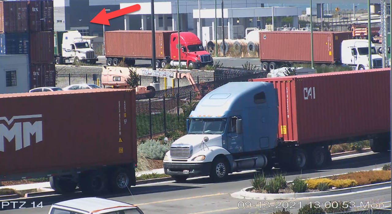Small fleet owner Bill Aboudi provided this image pointing out his truck in a long lineup at the port of Oakland, California.