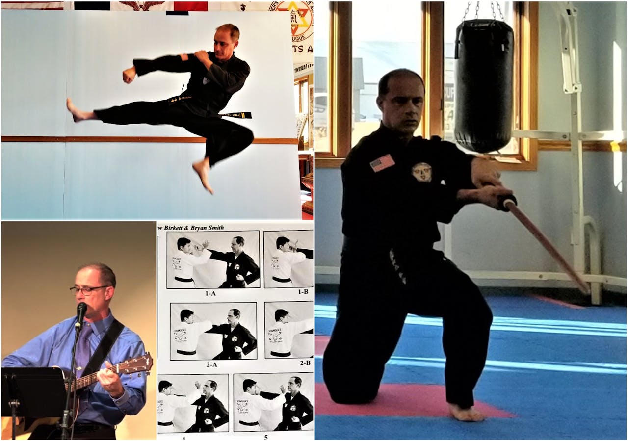 Bryan Smith's off-highway pursuits in the community | Smith is quite active in his church, including anything from mowing grass in the churchyard and shoveling on snowy days to playing guitar, as pictured, in what he calls a 'modern worship band' with a piano player and drummer. For a long time, he performed weekly during services at Tri-State Community Church, though shifting schedules since the COVID pandemic began have hampered those efforts to an extent. As also shown, he's a long-term practicer and sometime instructor at Springer's Martial Arts Academy, also in Dubuque, where he teaches Tae Kwon-Do and some self-defense classes. Martial arts plays a part in a rigorous exercise regime on the road. 'I can go through some of the [Tae Kwon-Do] movements out here' in-cab. 'When I’m in the showers at the truck stops I’ll go through some of the forms I need to learn.' That's all to supplement other, perhaps more familiar ritual aspects of his workout regime. Whenever he's stopping for a shower, before he goes in he does 'three sets of push-ups and one of dips.'