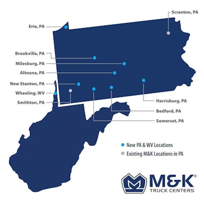 M&K Truck Centers acquisitions expand service network in Pennsylvania and West Virginia | M&K Truck Centers closed an acquisition of nine dealerships, an eCommerce parts sales operation and a Fire & Rescue Products company as of December 31 from Legacy Truck Centers. M&K will offer Mack, Volvo, and Isuzu products and all support services out of the new Pennsylvania locations charted on the map. The eCommerce operation comes with a strong online parts sales presence via Class8TruckParts.com, the company said. M&K has retained nearly all Legacy Truck employees, including the previous owners, Matt Niebauer and John Niebauer. The acquisition expands the company’s footprint to 29 locations in five states.