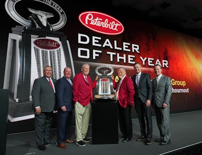 Allstate Peterbilt takes home big honor | Peterbilt Motors Company earlier this month named Allstate Peterbilt Group as the 2021 North American Dealer of the Year at their annual Dealer Meeting, held in Phoenix, Arizona. The annual award is given to the dealer group that best represents the manufacturer's 'commitment to excellence and the never-ending pursuit of driving customer uptime,' Peterbilt said. Since joining the Peterbilt dealer ranks 50 years ago, 'with a single location in South St. Paul, Minnesota, Allstate Peterbilt Group has grown to 23 locations across five states,' said Jason Skoog, Paccar Vice President and Peterbilt General Manager. In addition, Allstate also received the 2021 Paccar MX Engine Dealer Group of the Year award for sales efforts and 'strong aftermarket support,' Peterbilt said. It's the third consecutive year Allstate's taken home that award. All told, this is Allstate's third Dealer Group of the Year award, following 2017 and 2012 wins. Pictured here, from left: Peterbilt's Robert Woodall (assistant general manager, sales and marketing) and Peyton Harrell (director of dealer network development); Allstate's Don Larson (owner) and Jeff Vanthournout (president); and Peterbilt's Jason Skoog (general manager) and Leon Handt (assistant general manager, operations).