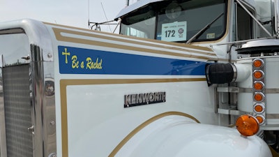 'Be a Rachel' on hood of Jay Van Kampen's Kenworth