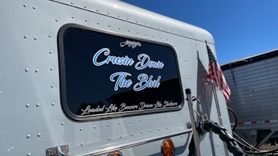 Rear window of Chris Legg's 2018 Peterbilt 389 glider