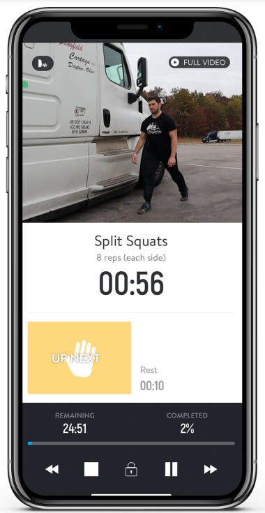 This app screenshot shows a video demo of the Split Squat workout.
