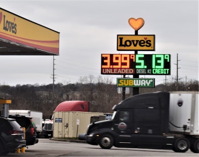 Love's truck stop fuel sign 3.99 unleaded, 5.13 diesel