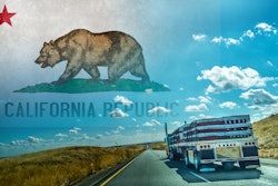 Semi-truck on a highway with California flag overlay