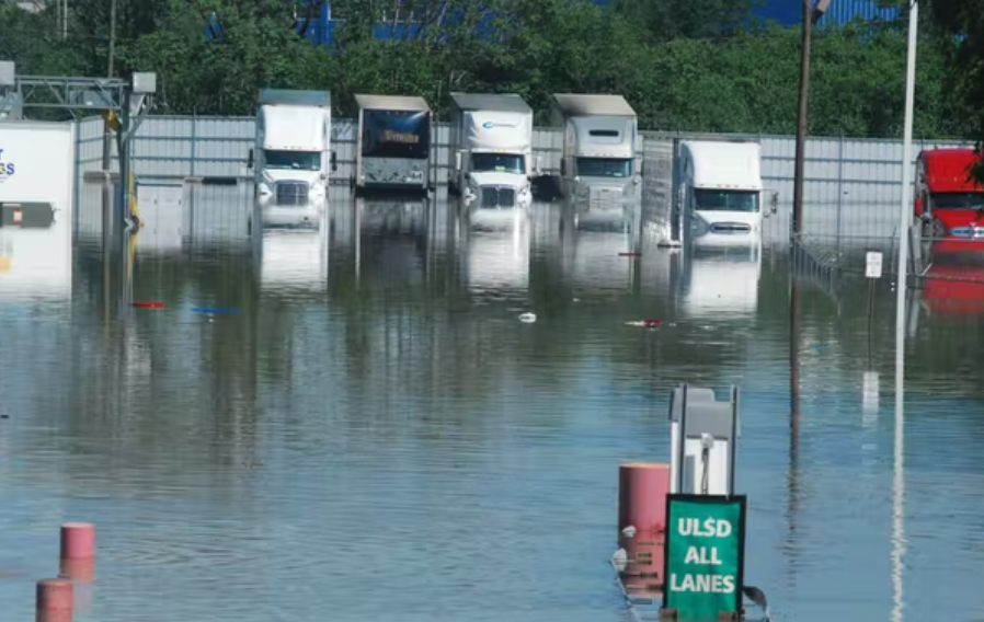 flood trucks at truck stop