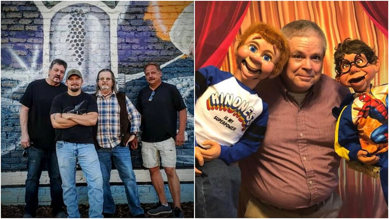 the band stone creek four on the left and ventriloquist Mike Stafford on the right