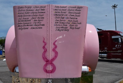 Ribbon Runner Peterbilt hood with names of people who have lost their battle to breast cancer