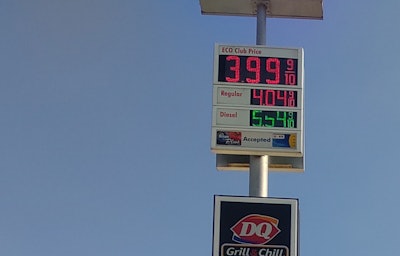 diesel fuel prices on a station sign in Crossville, Tennessee