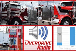overdrive radio logo, diesel fuel pump, 1984 peterbilt 359 and 1987 peterbilt 359, and CO2 savings graph