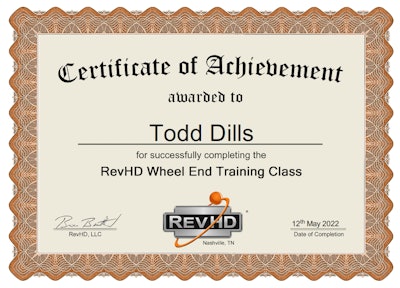 Rev HD Certificate for completed wheel-end training