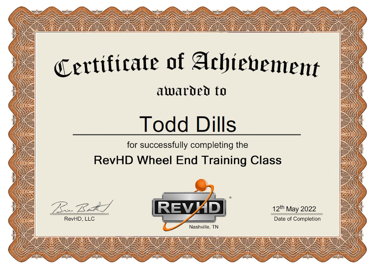 Rev HD Certificate for completed wheel-end training