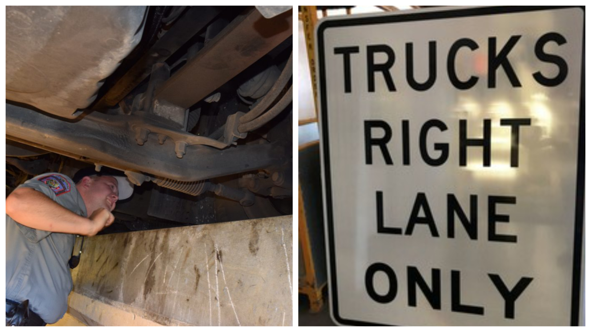 Brake inspection and trucks right lane only sign collage