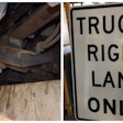 Brake inspection and trucks right lane only sign collage