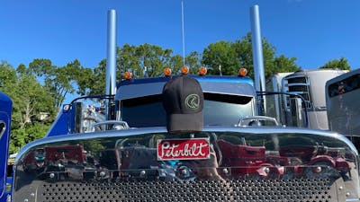 Black cap on the hood of Terry Aslinger's Peterbilt