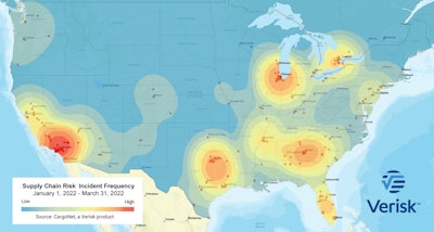 a heatmap of cargo theft activity provided by CargoNet.