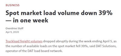 April 2020 Overdrive story about spot market load volume down 39% in one week screenshot
