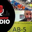 overdrive radio logo and state of california new law ab-5 text with image of parked semi-trucks and owner-operator C.G. Soza