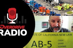 overdrive radio logo and state of california new law ab-5 text with image of parked semi-trucks and owner-operator C.G. Soza