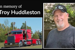 In Memory of Troy Huddleston text next to a portrait of him and his freightliner