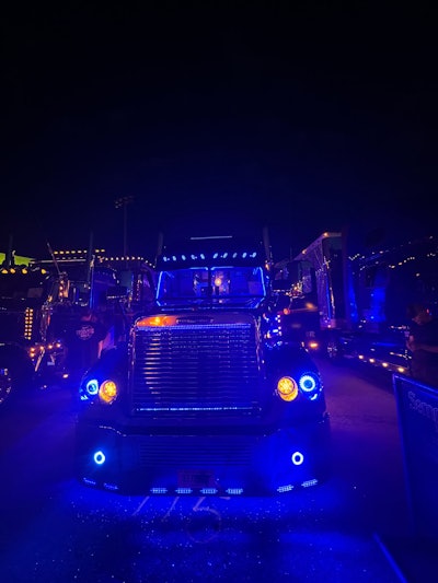 Michael and Jackie Wallace's 2007 Freightliner Coronado at night